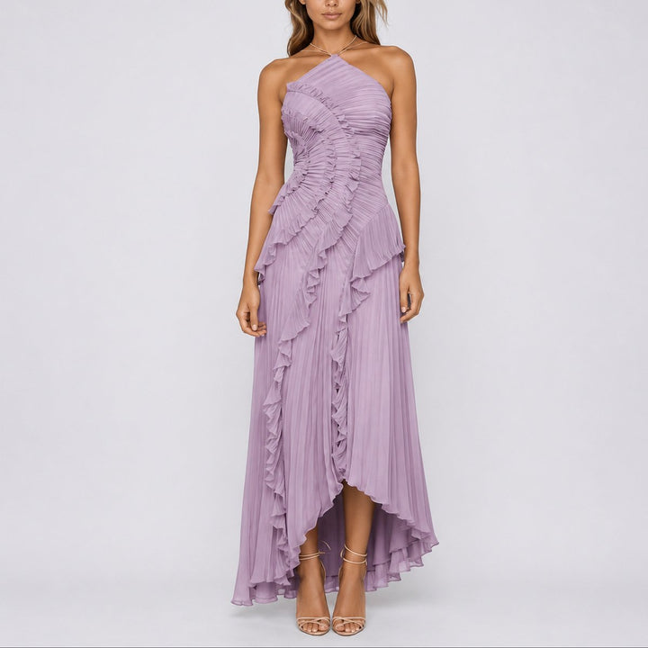 Arabella | Robe longue romantique et fluide à col licou pour mariage d’automne