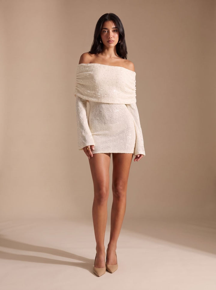 Aria | Off-Shoulder Mini Dress – Flared Long Sleeve for Women