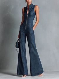 Bethany | Retro-Inspired Stretch Denim Flared Jumpsuit