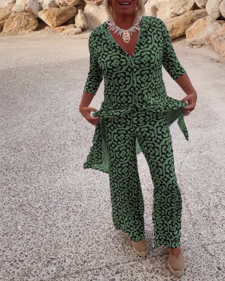 Lydia | Completo con tunica stampata con scollo a V e pantaloni a gamba larga