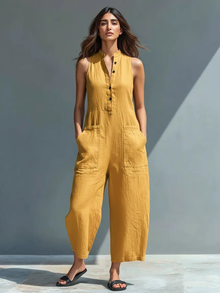 Alara | Linen Button-Up Jumpsuit – Elegant Sleeveless Style for Women