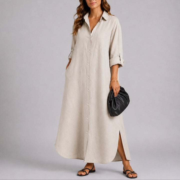 Vanessa | Robe longue décontractée et élégante en lin oversize pour mariage d’automne