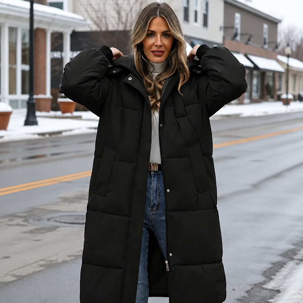 Wearbella | Long Hooded Puffer Coat – Stylish & Warm for Women