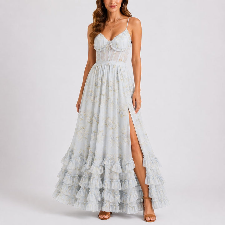 Alice | Robe longue romantique et décontractée à corset floral pour mariage d’automne