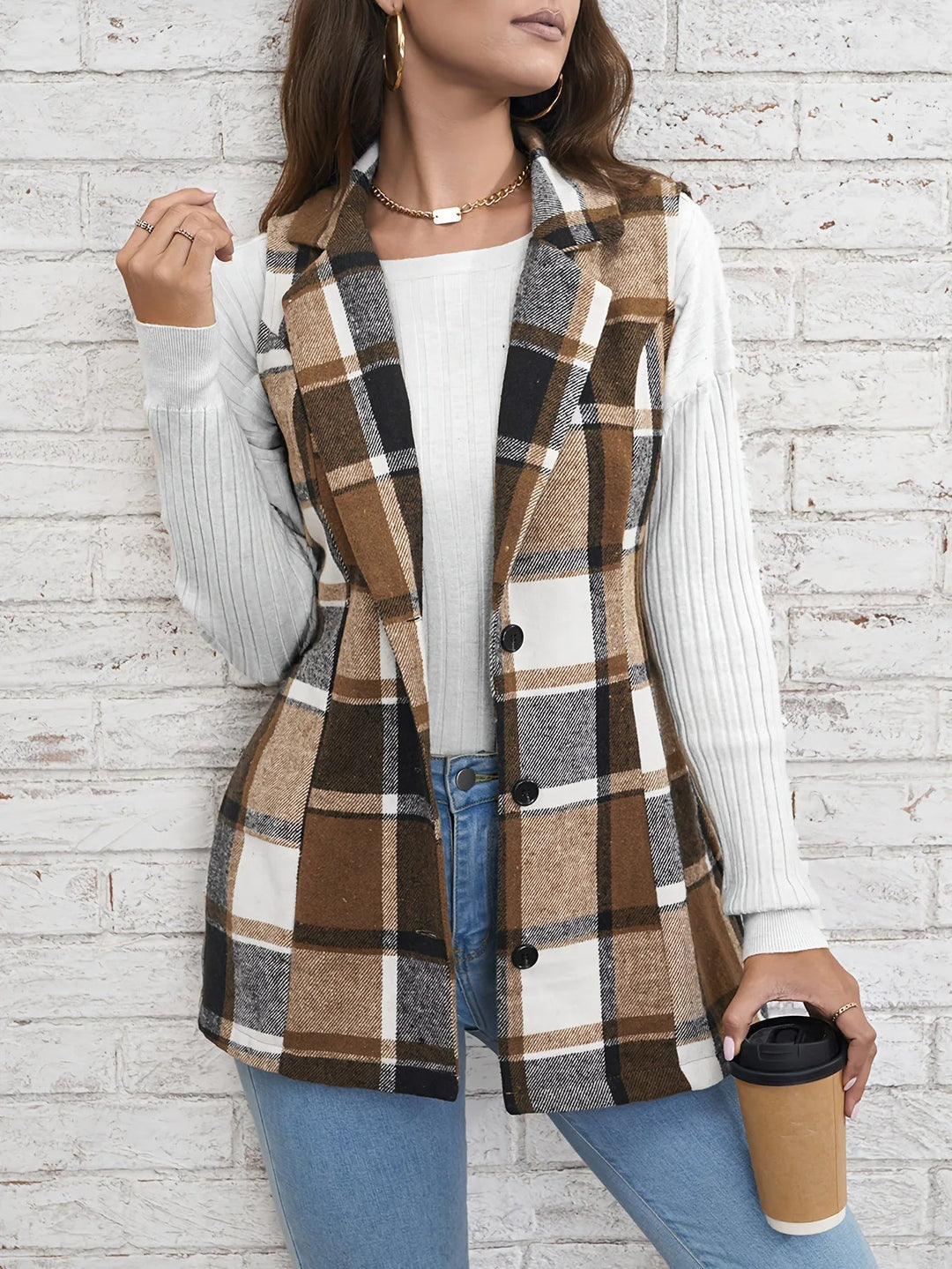 Christin | Gilet long élégant et intemporel à carreaux