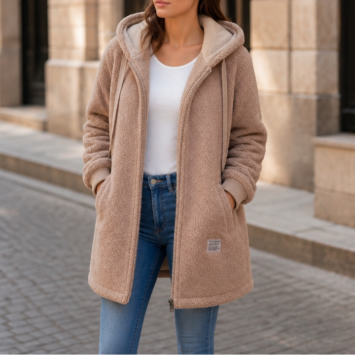 Veloura | Hooded Mid-Length Faux-Shearling Jacket for Women