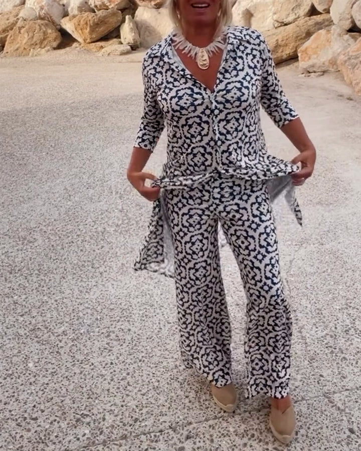 Lydia | Completo con tunica stampata con scollo a V e pantaloni a gamba larga