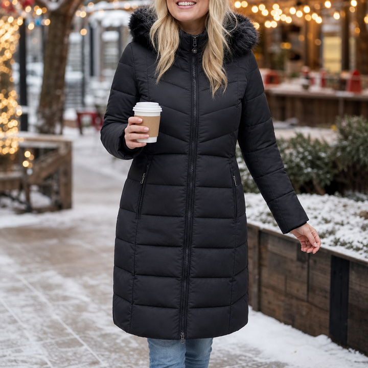 Chevronwarm | Longline Puffer Coat with Fur Hood