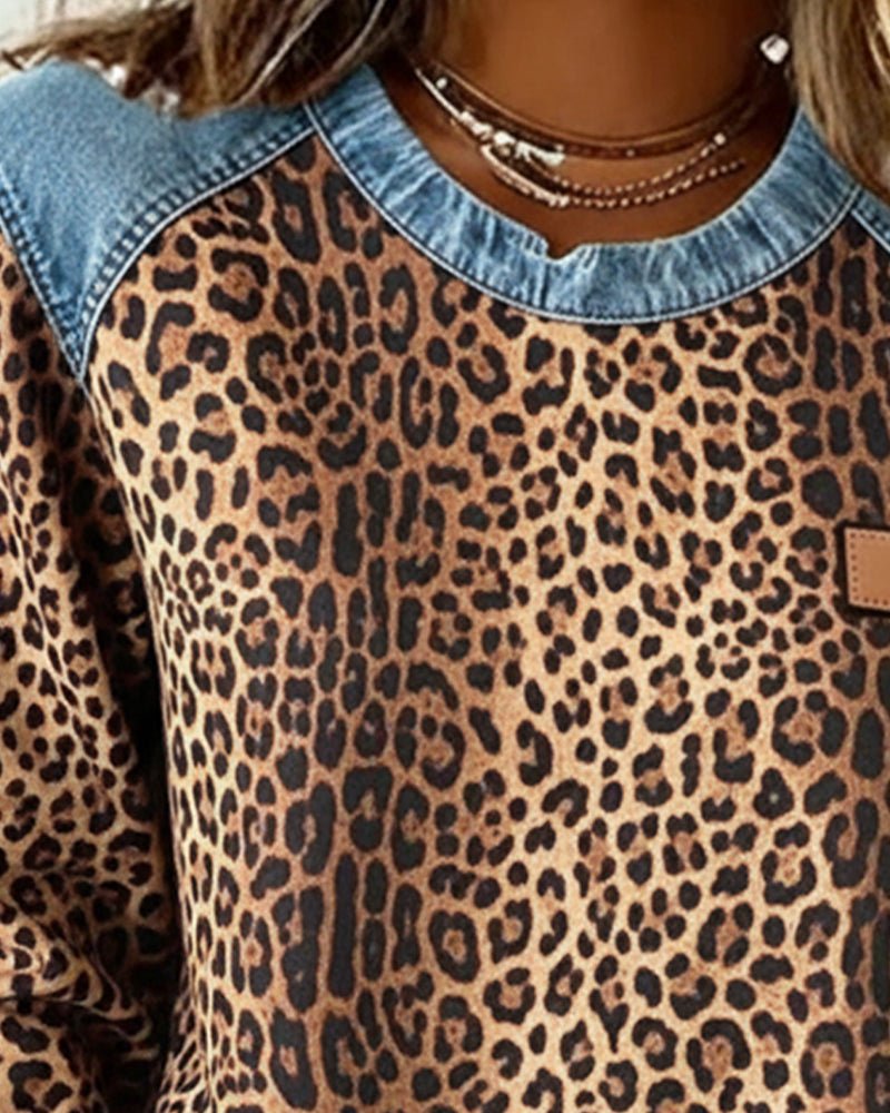 Leona | Sweaters – Stylish Leopard Print Denim Pullover