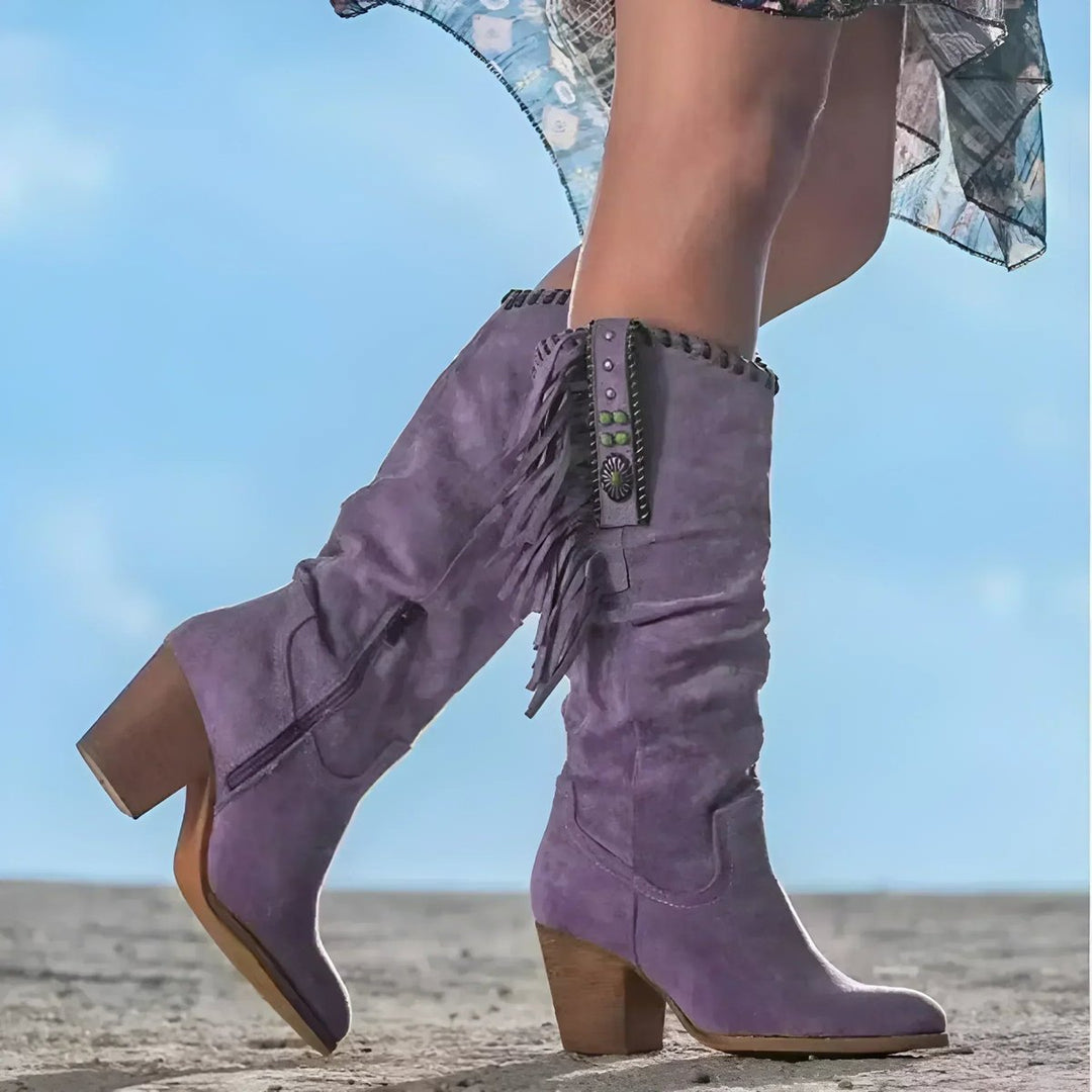 Willow | Bottes western élégantes et tendance en daim à franges, hauteur genou