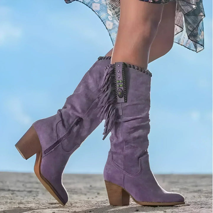 Willow | Bottes western élégantes et tendance en daim à franges, hauteur genou