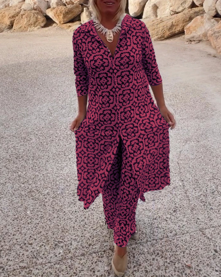 Lydia | Completo con tunica stampata con scollo a V e pantaloni a gamba larga
