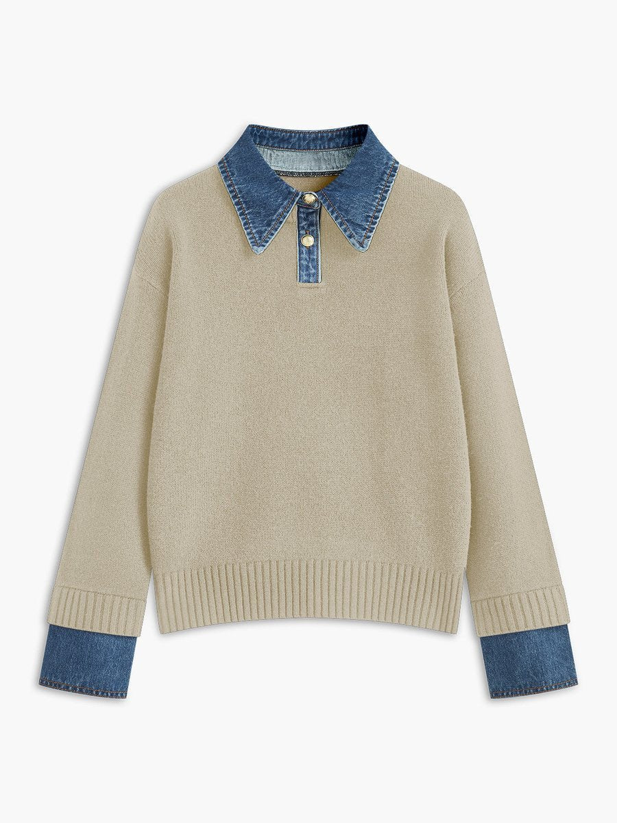 Amelie | 2-in-1 Sweater with Denim Collar and Metal Buttons