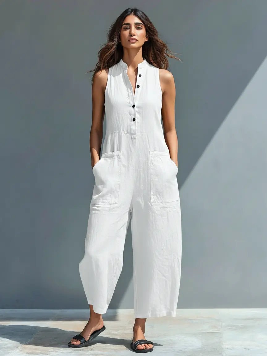 Alara | Linen Button-Up Jumpsuit – Elegant Sleeveless Style for Women