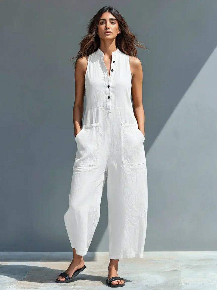 Alara | Linen Button-Up Jumpsuit – Elegant Sleeveless Style for Women