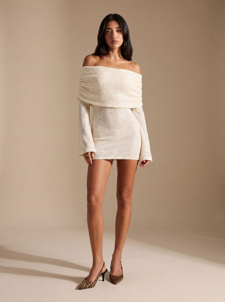 Aria | Off-Shoulder Mini Dress – Flared Long Sleeve for Women