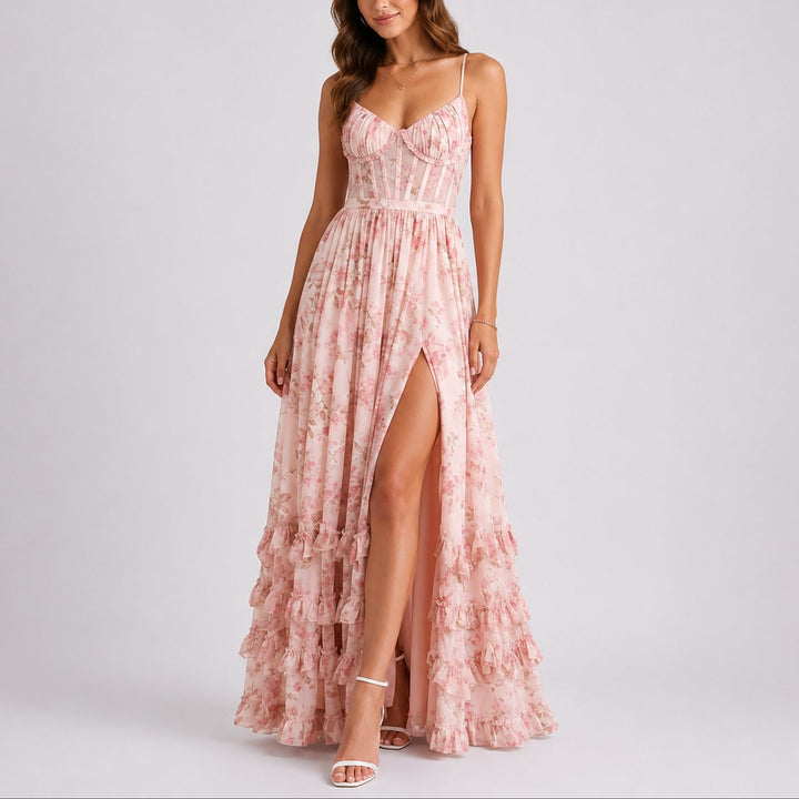 Alice | Robe longue romantique et décontractée à corset floral pour mariage d’automne
