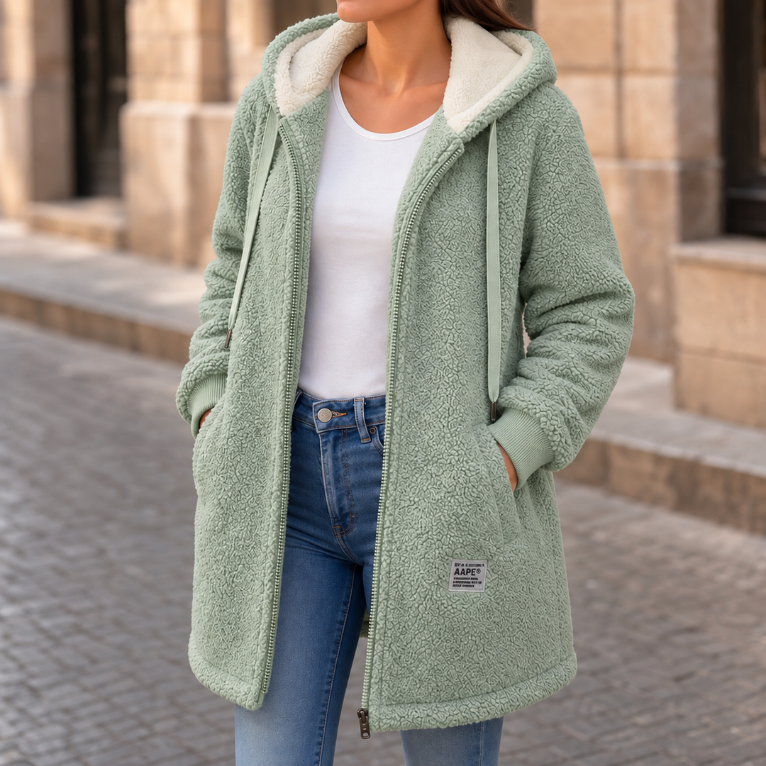 Veloura | Hooded Mid-Length Faux-Shearling Jacket for Women
