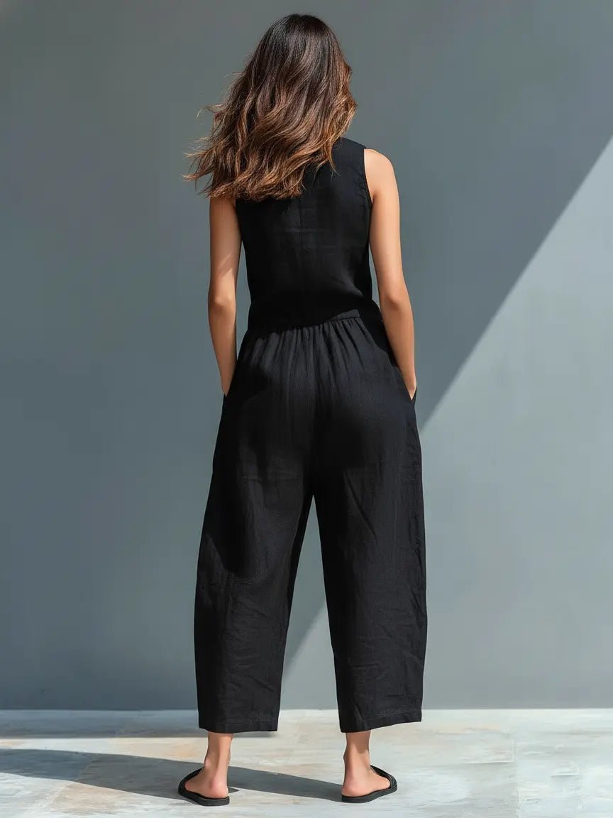 Alara | Linen Button-Up Jumpsuit – Elegant Sleeveless Style for Women