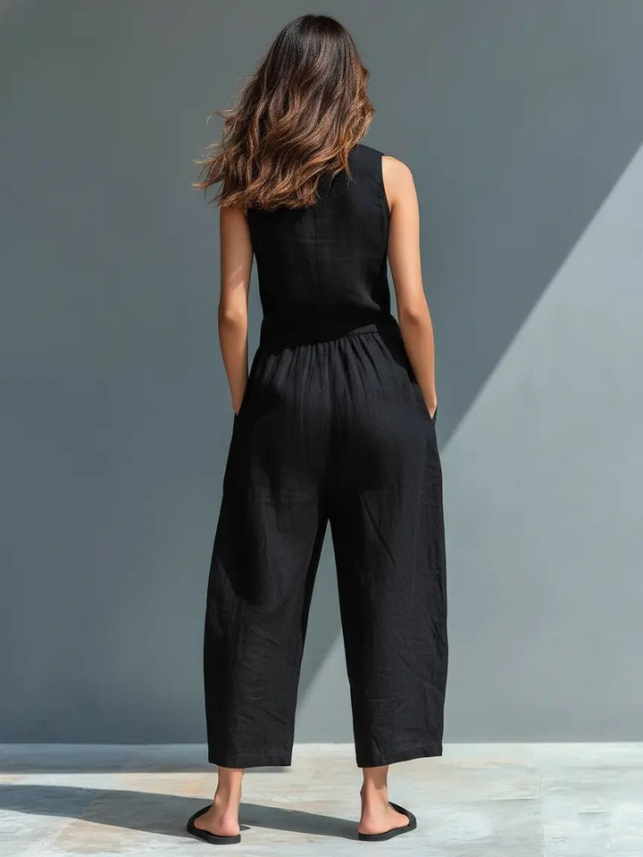 Alara | Linen Button-Up Jumpsuit – Elegant Sleeveless Style for Women