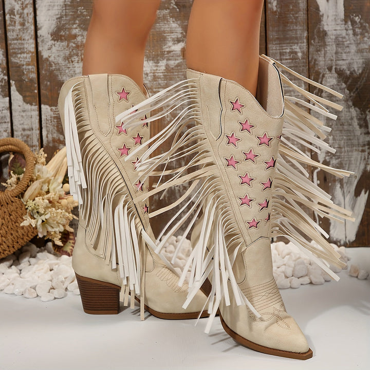 Camille | Bottes de cowboy western à franges, tige large et hauteur genou