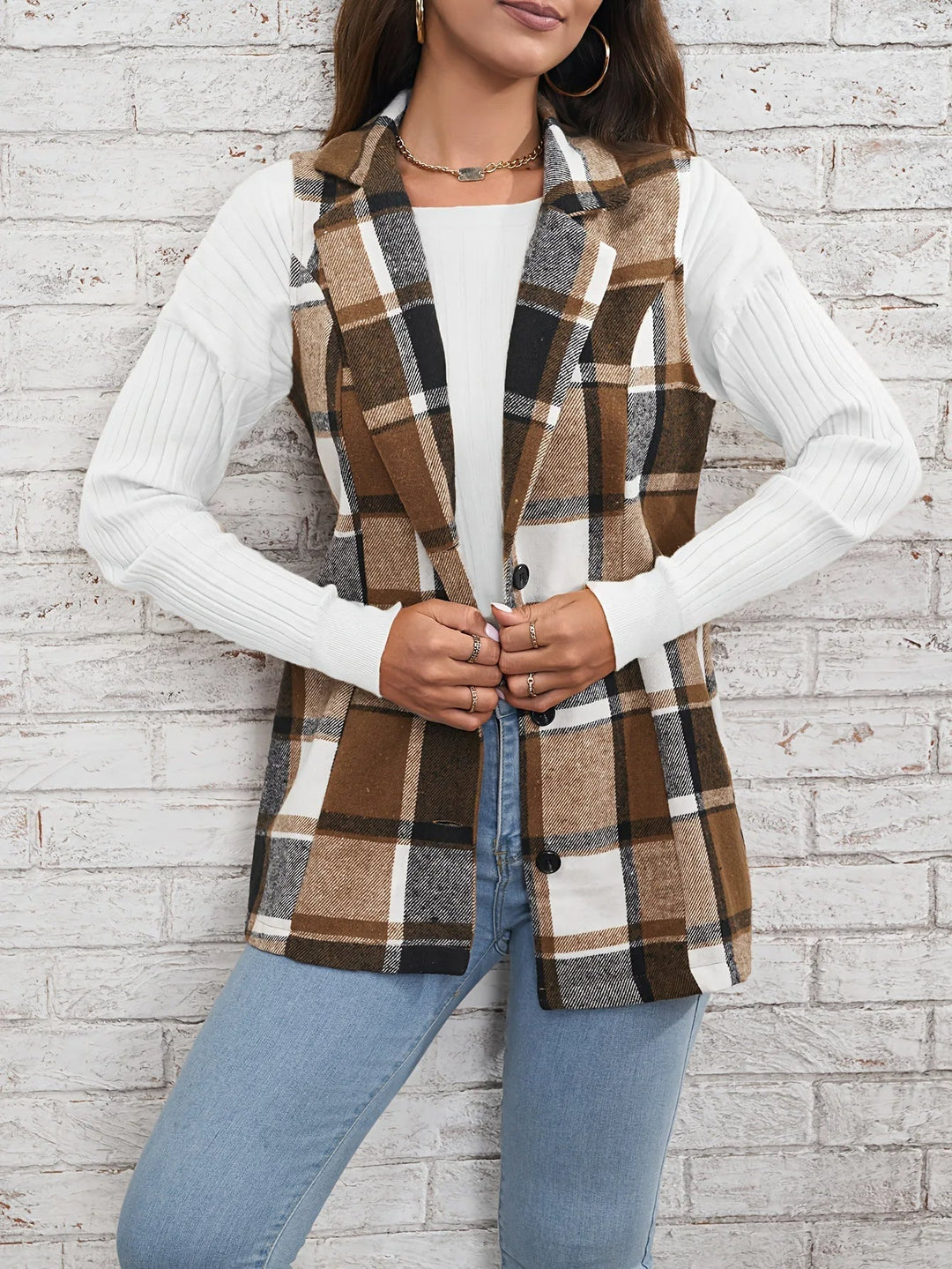 Christin | Gilet long élégant et intemporel à carreaux
