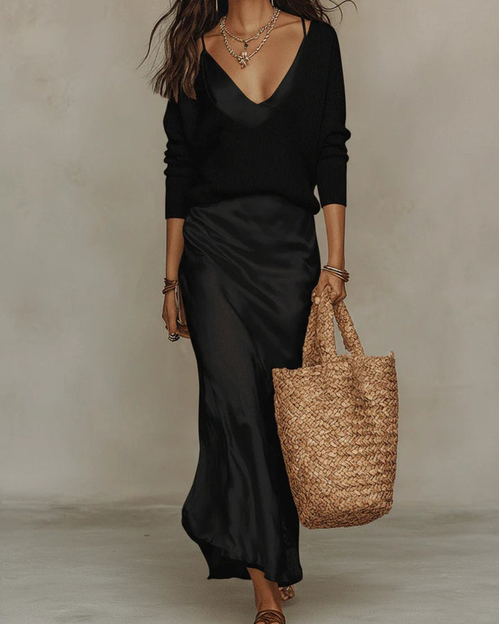 Isabella | Robe midi élégante et douillette en satin à manches longues