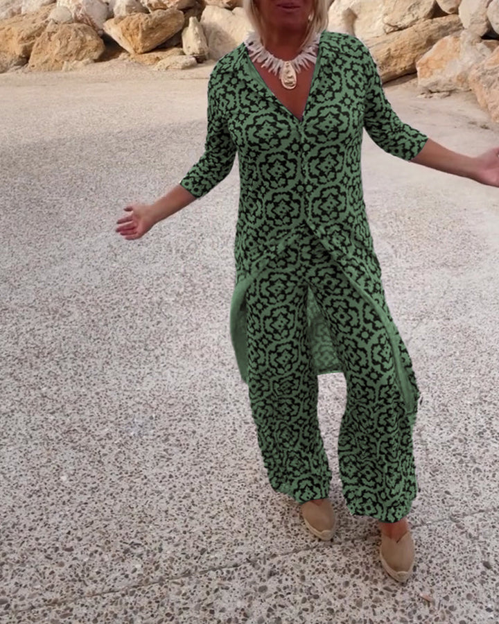 Lydia | Completo con tunica stampata con scollo a V e pantaloni a gamba larga