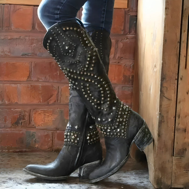 Laura | Stivali al ginocchio comodi e raffinati, stile western, con borchie