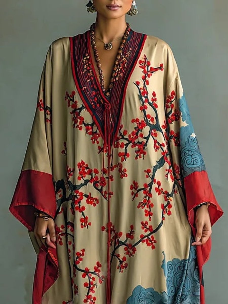 Seraphina | Robe longue élégante à motif floral japonais et manches longues