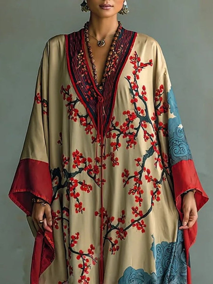 Seraphina | Robe longue élégante à motif floral japonais et manches longues