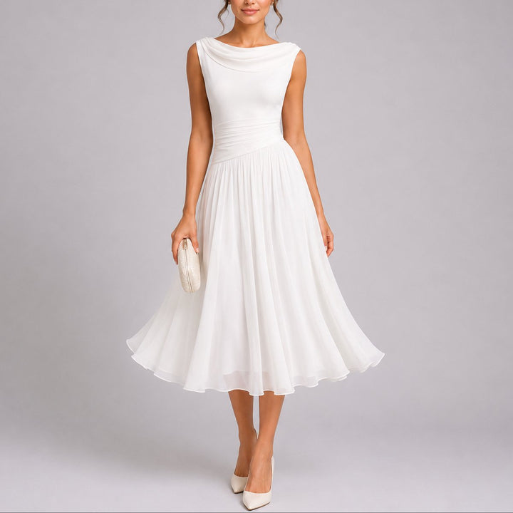 Camille | Robe midi plissée élégante et sophistiquée pour mariage d’automne