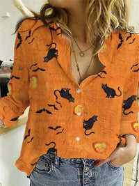 Sadie | Orange Cat-Print Cozy Halloween Blouse