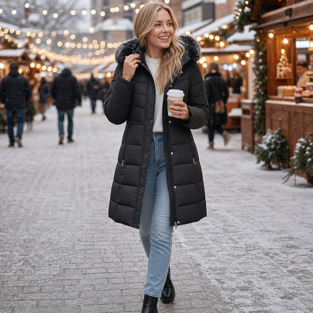 Chevronwarm | Longline Puffer Coat with Fur Hood