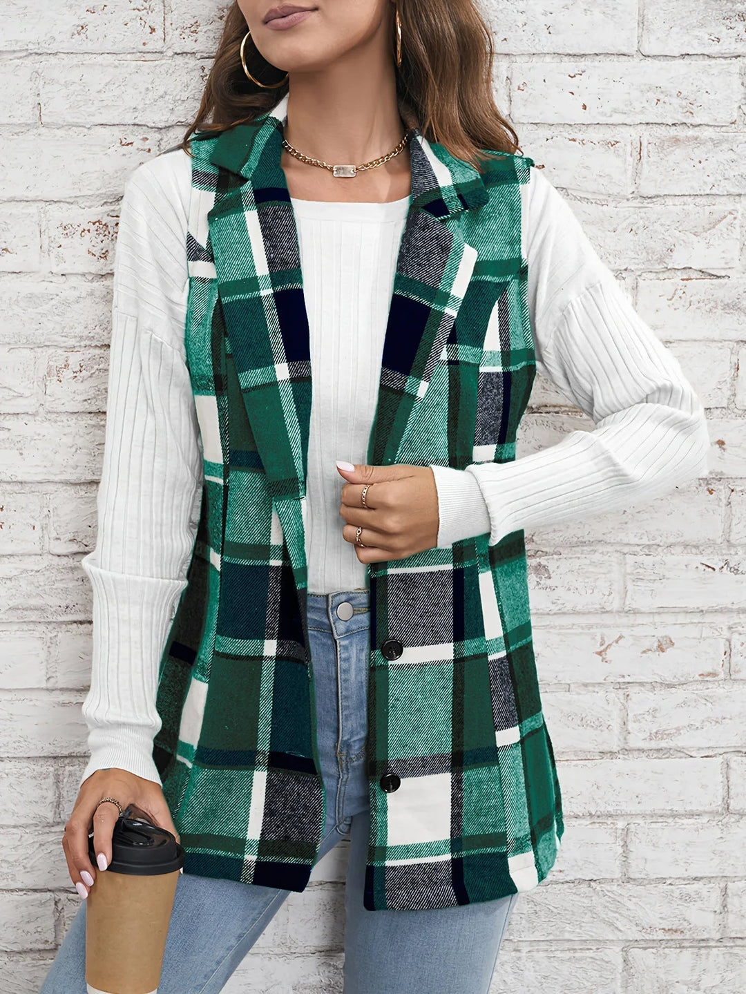 Christin | Gilet long élégant et intemporel à carreaux