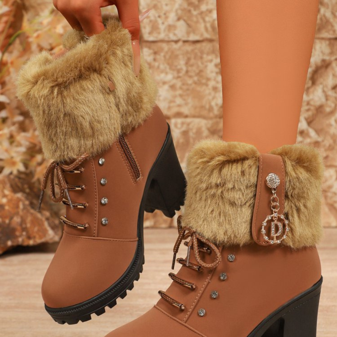 Velurea | Faux Fur Winter Boots – Elegant Block Heel for Women