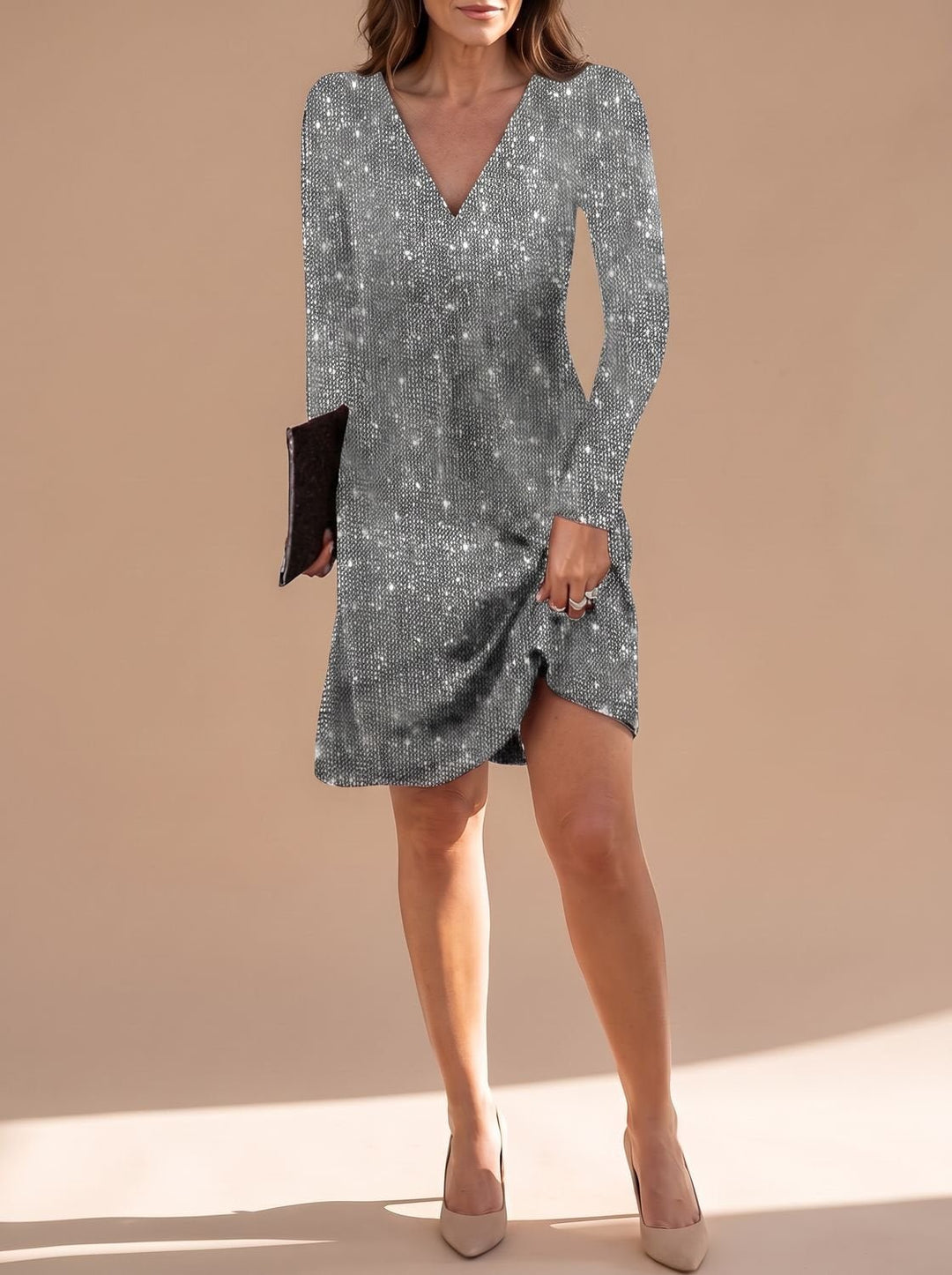 Harper | Sequin Mini Dress – Long-Sleeve V-Neck for Women