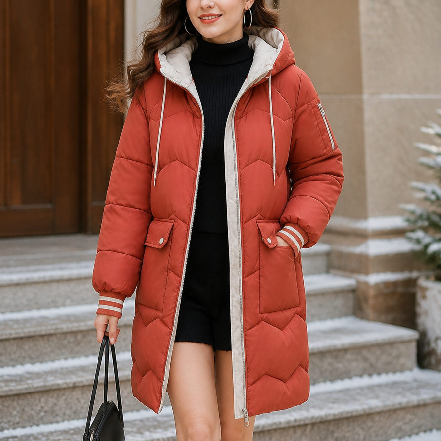 Cozyelle | Hooded Puffer Coat – Mid-Length Warmth for Women