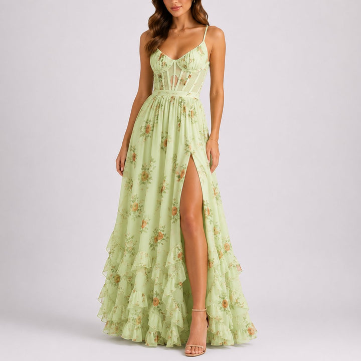 Alice | Robe longue romantique et décontractée à corset floral pour mariage d’automne