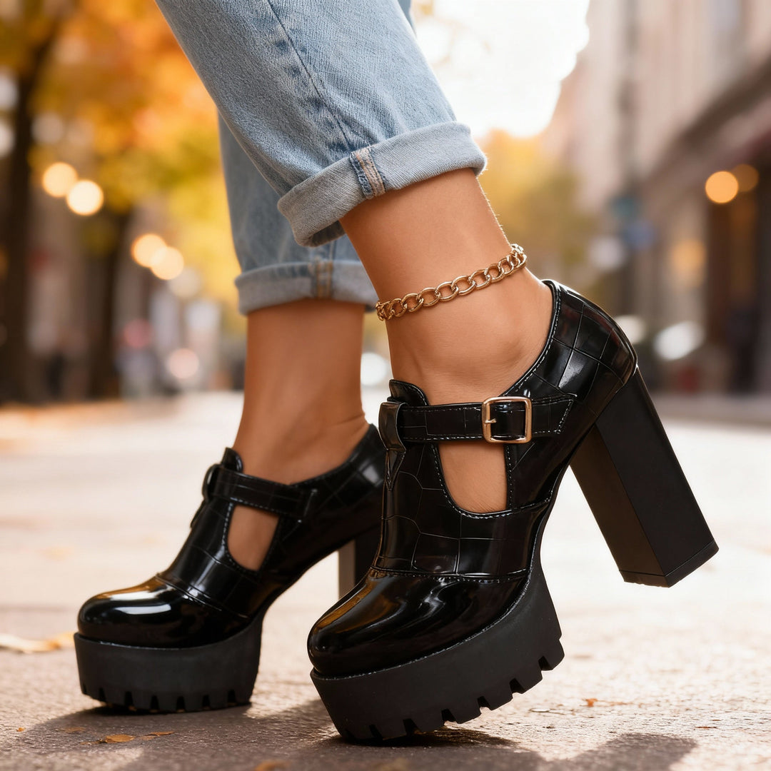 Amelia | Chic Croc Embossed Platform Block Heel Pumps 5