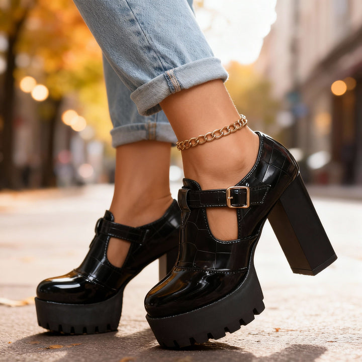 Amelia | Chic Croc Embossed Platform Block Heel Pumps 5