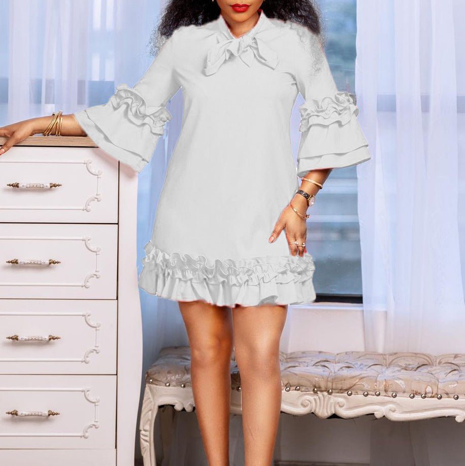 Andrea | Elegant And Charming Ruffle-Hem Bow-Neck Tunic Dress 4