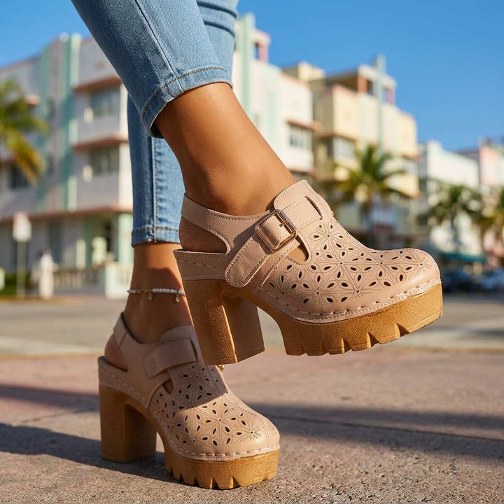 Annabelle | Floral Cutout Platform Block Heel Clogs 5