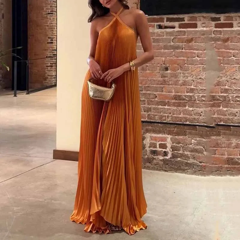 Aria | Elegant Pleated Halter neck Maxi Wedding Guest Dress 0