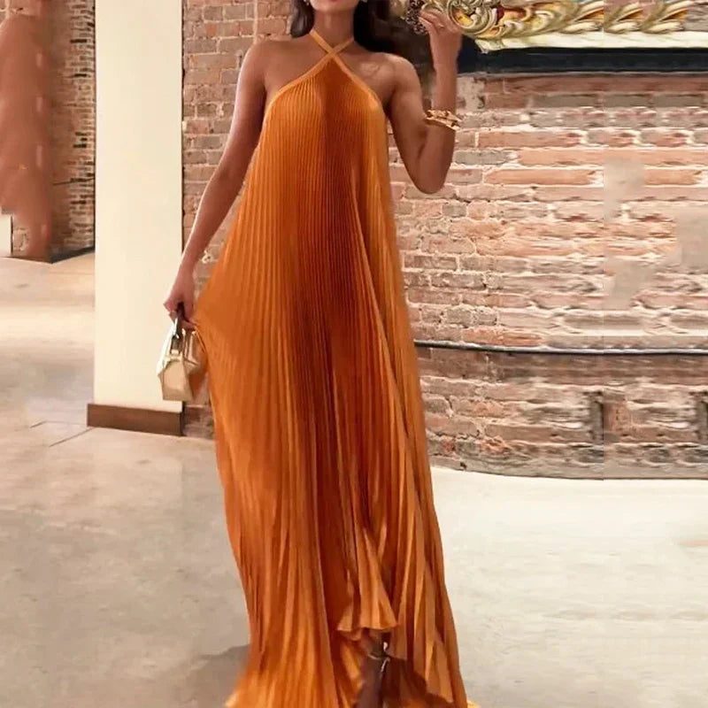 Aria | Elegant Pleated Halter neck Maxi Wedding Guest Dress 1