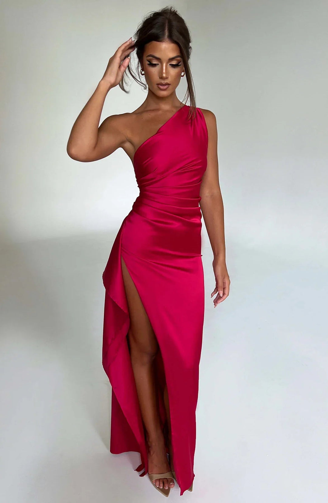 Ava | One Shoulder Pleated Split Satin Dress 1