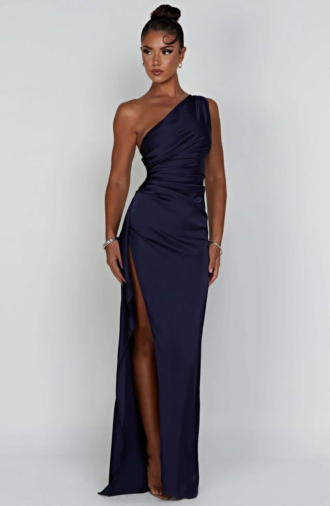 Ava | One Shoulder Pleated Split Satin Dress 12