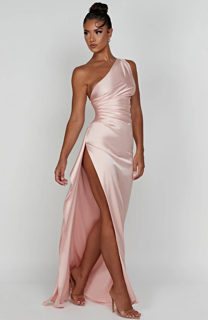 Ava | One Shoulder Pleated Split Satin Dress 3