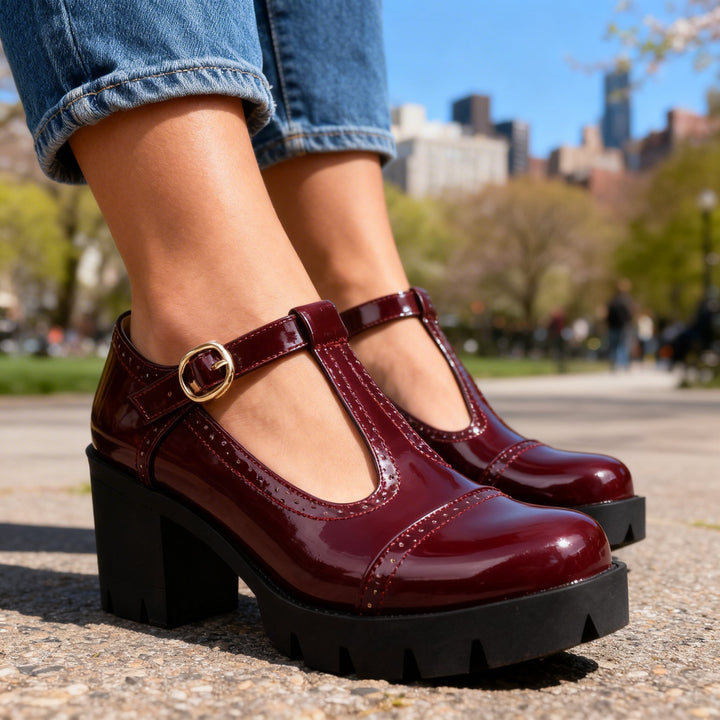 Bethany | Elegant T-Strap Brogue Block Heel Mary Jane Shoes 6