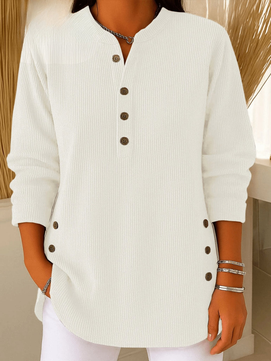 Camila | Comfortable And Warm Longline Henley Ribbed Tunic Top 4
